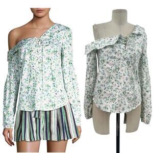 Amur Reagan‎ One Shoulder Blouse Top White Floral Print Long Sleeve Size Small